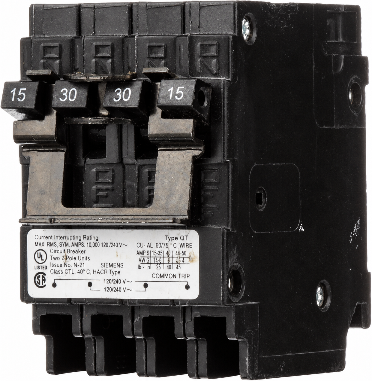 Siemens Q21530CT2 15–30 Amp Quadplex Circuit Breaker, 120/240V