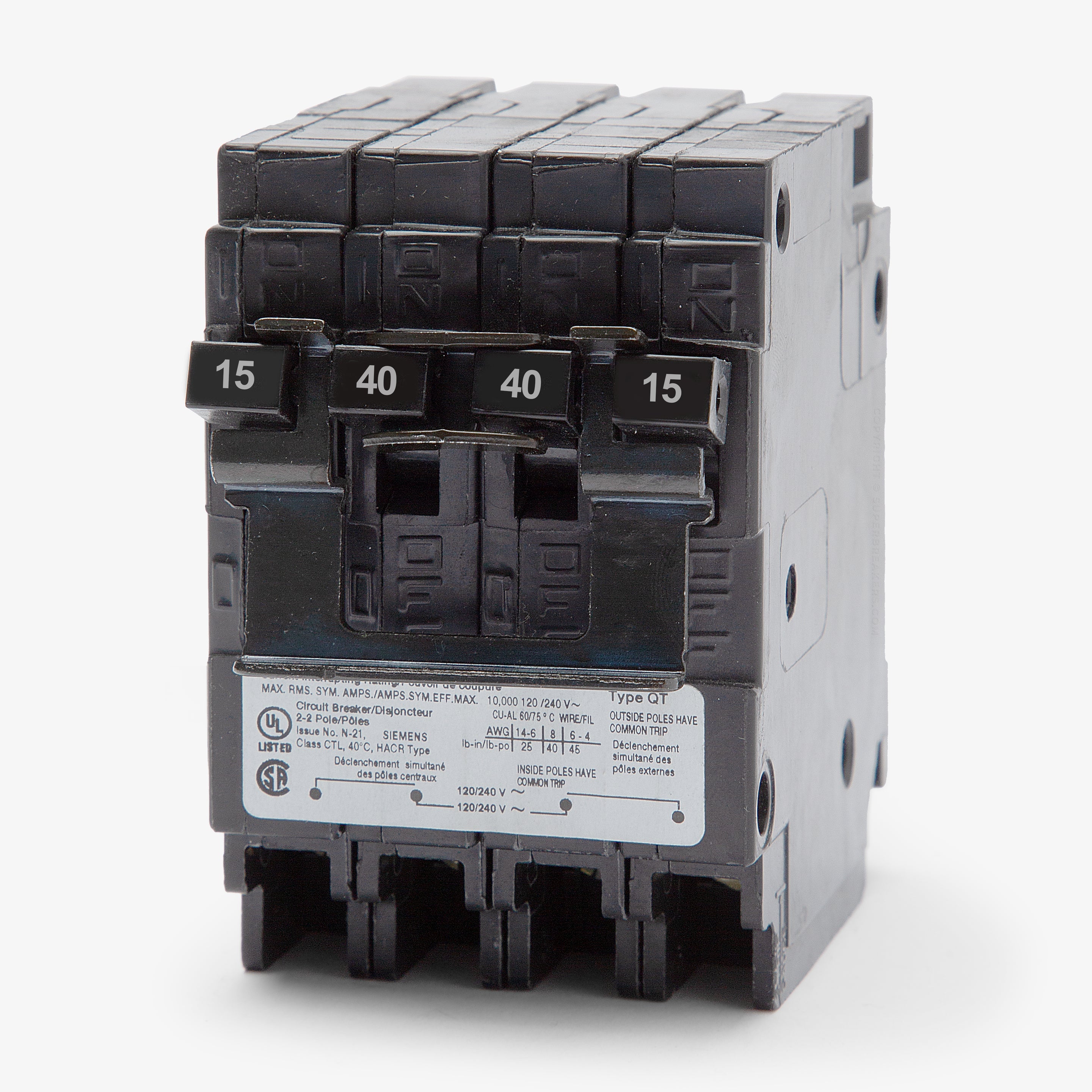 Siemens Q21540CT2 15/40 Amp Quadplex Circuit Breaker, 120/240V, Plug-In