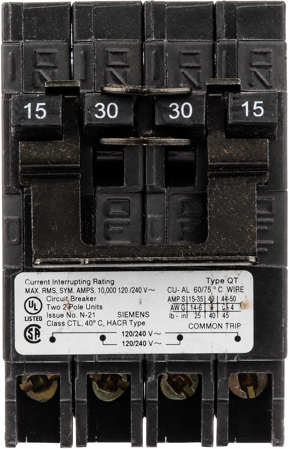 Siemens Q21530CT2 15–30 Amp Quadplex Circuit Breaker, 120/240V