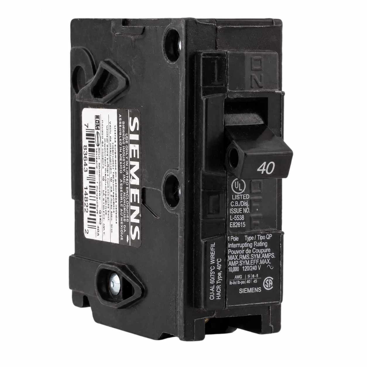 Siemens Q140 40 Amp Breaker, 120 Volt Single Pole Circuit Breaker
