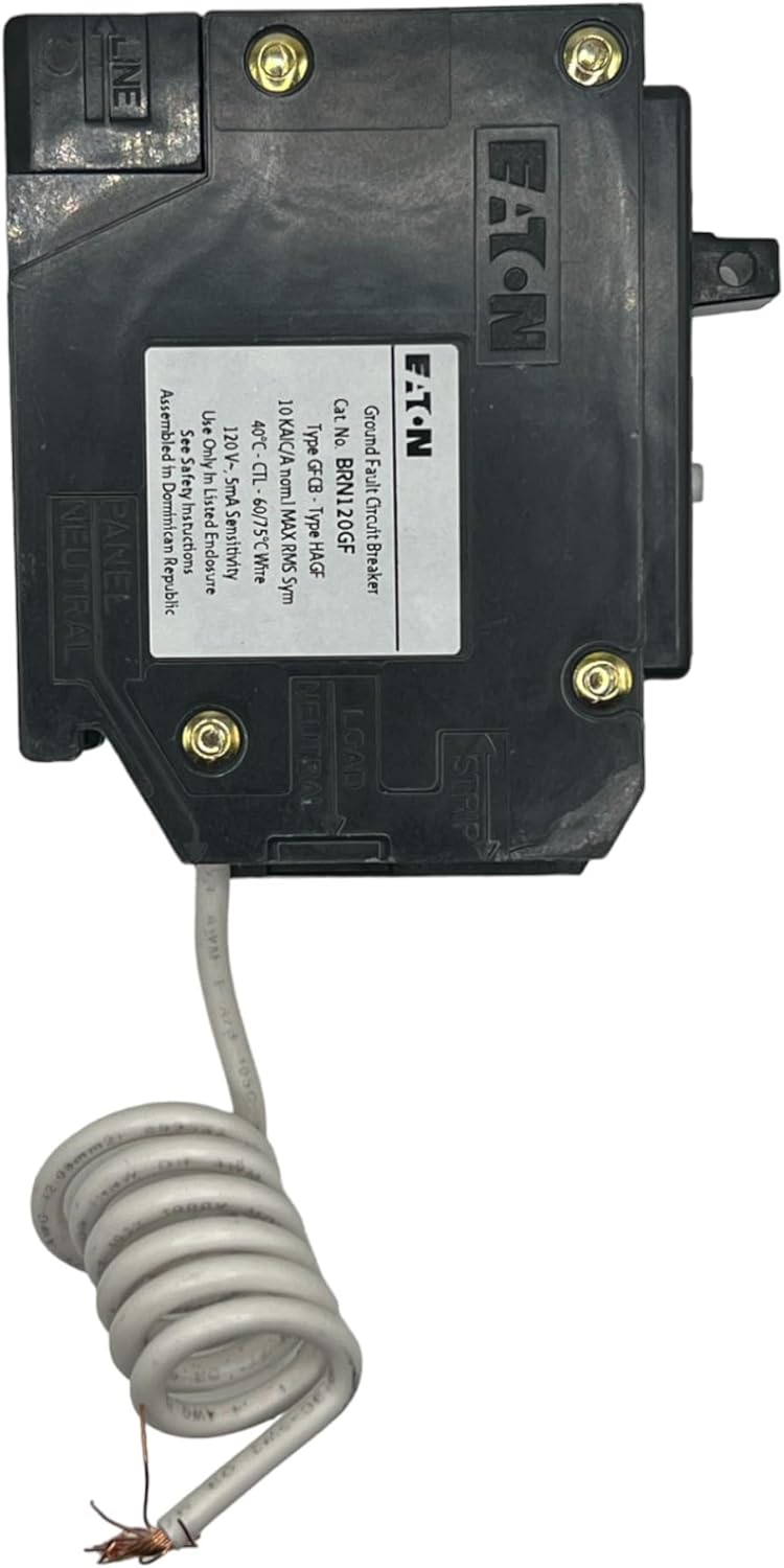 Eaton BRN120GF 1 Pole 120V GFCI Circuit Breaker | 10kaic, 20a, Pigta - 5mA Sensitivity BR Series Plug-In Breaker for Electrical Safety
