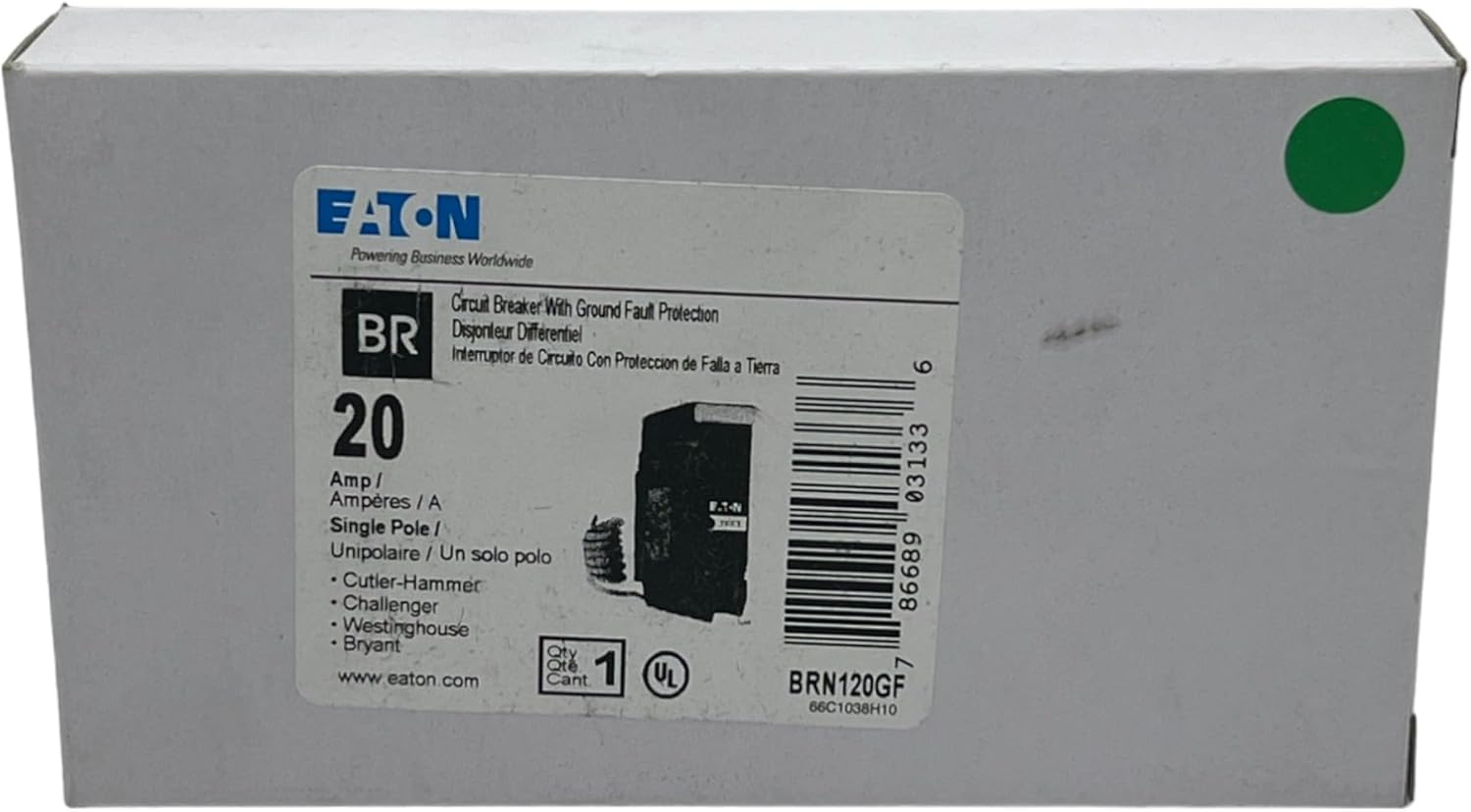 Eaton BRN120GF 1 Pole 120V GFCI Circuit Breaker | 10kaic, 20a, Pigta - 5mA Sensitivity BR Series Plug-In Breaker for Electrical Safety