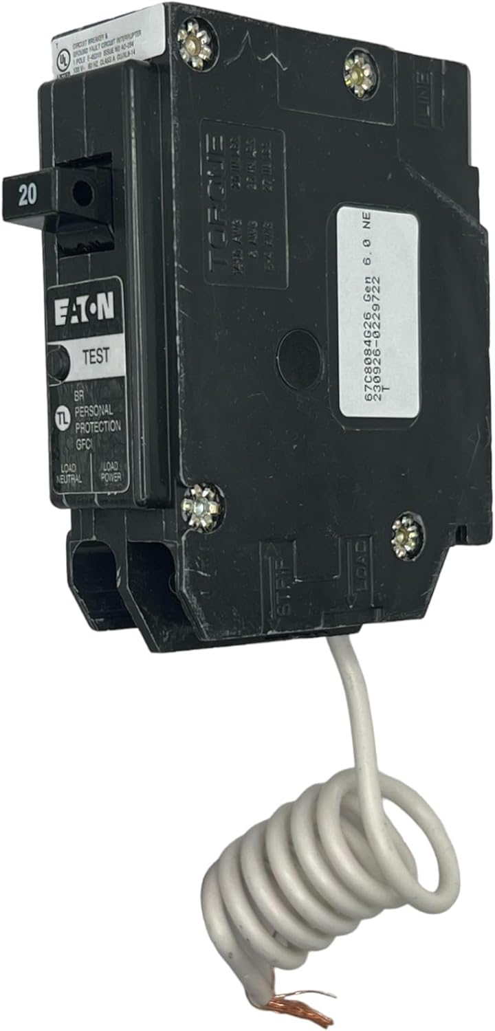 Eaton BRN120GF 1 Pole 120V GFCI Circuit Breaker | 10kaic, 20a, Pigta - 5mA Sensitivity BR Series Plug-In Breaker for Electrical Safety